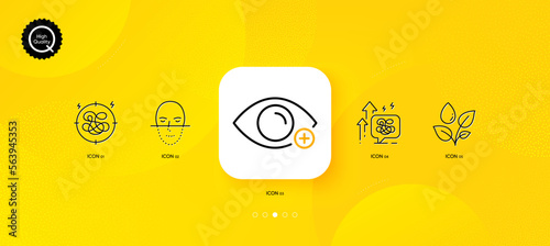 Stress grows, Stress and Face recognition minimal line icons. Yellow abstract background. Plants watering, Farsightedness icons. For web, application, printing. Vector