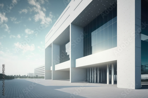 Modern architecture exterior of public hall entrance in urban building outdoor under bright sky with cement path pavement. Peculiar AI generative image.