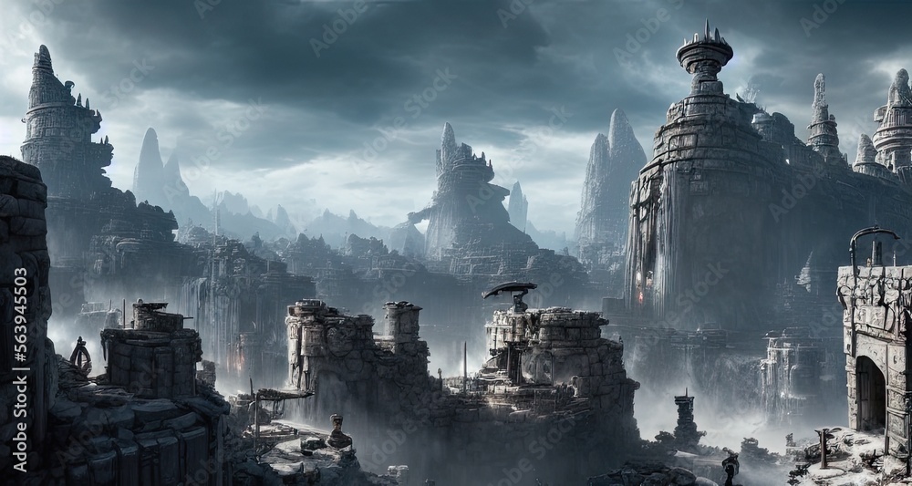 A Ruined troglodyte city of white and gray stones - This Illustration is made with AI A Ruined troglodyte city of white and gray stones - This Illustration is made with AI