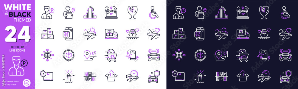 Send box, Flights application and Fragile package line icons for website, printing. Collection of Journey, Search flight, Lighthouse icons. Car, Disability, Roller coaster web elements. Vector Send box, Flights application and Fragile package line icons for website, printing. Collection of Journey, Search flight, Lighthouse icons. Car, Disability, Roller coaster web elements. Vector