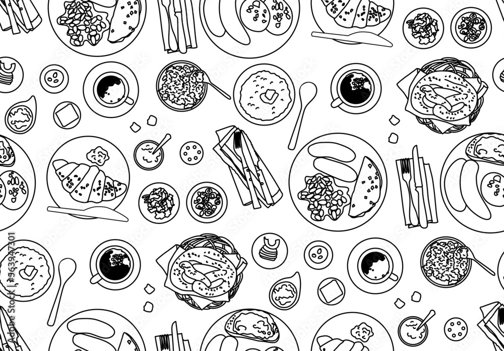 European food seamless pattern top view plates dishes table black and white