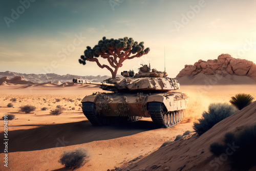 Powerful War Machine: Tank Navigating Desert Battlefield, Generative AI