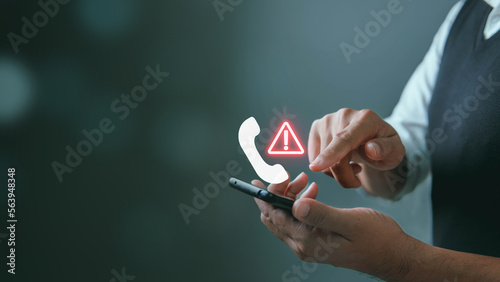System hacked warning alert, Man using smartphone with Fraud call center or cyber attack network. Cyber security and cybercrime. Compromised information internet.