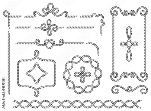 Rope. Set of various decorative rope elements and frames. Isolated black outline