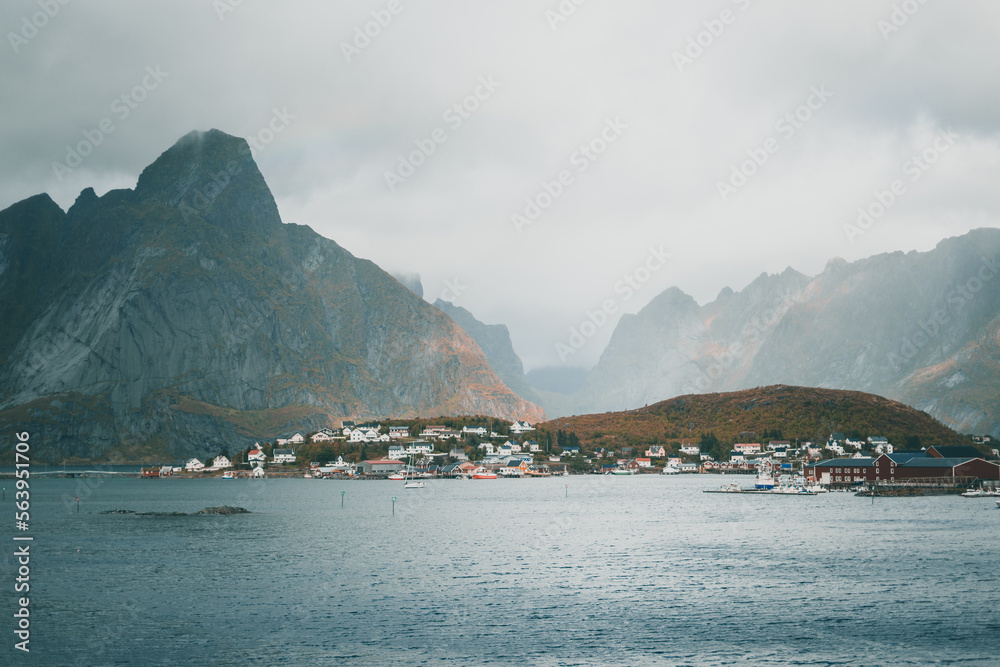 Beautiful landscape with mountains during a moody autumn day, on the Lofoten Islands