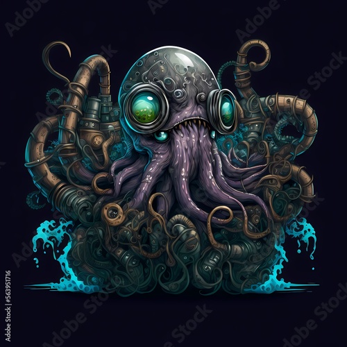 Octopus character Illustration,with steampunk attributes style design © arlila