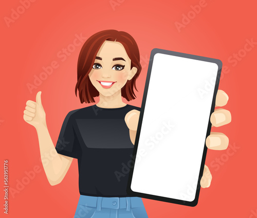 Young beautiful woman showing thumb up gesture and blank phone screen vector illustration 