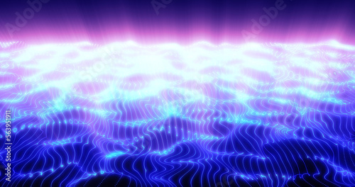 Blue energy waves from particle dots and lines stripes glowing futuristic beautiful and rays of sunrise shining. Abstract background
