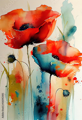 Watercolor poppies drawing background. Digitally generated AI image
