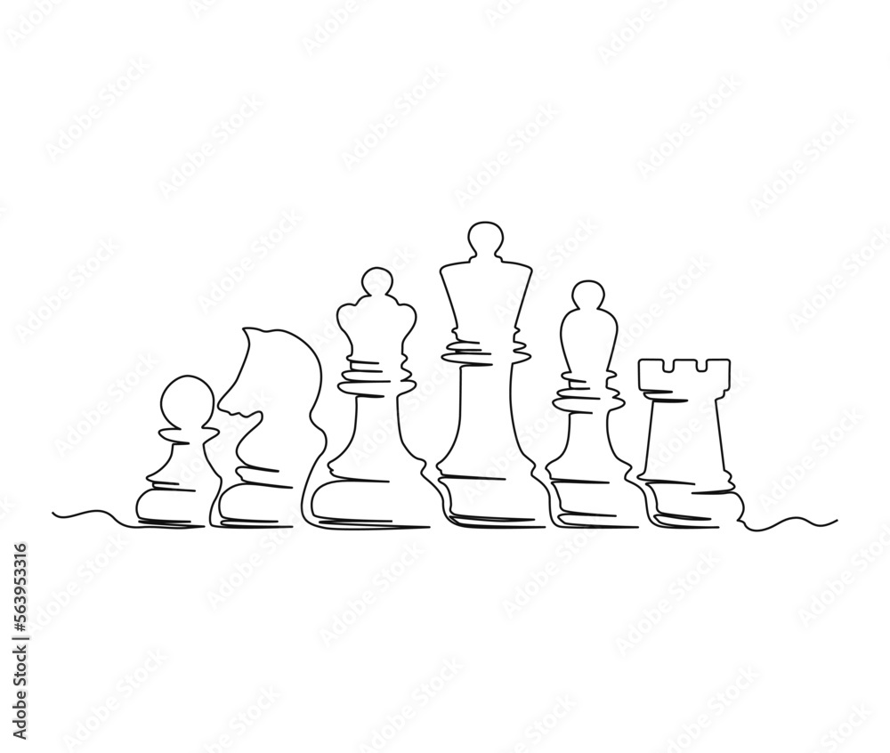 Continuous One Line Drawing of Chess Pieces. King Queen Chess