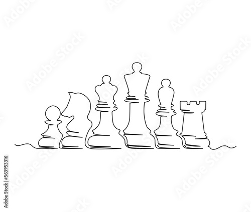 Foto Continuous one line drawing of pawn, knight, king, queen,rook, bishop