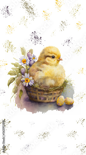 Happy Easter greeting card. Watercolor illustrations of cute fluffy chicken, colored eggs, flowers, basket, plants and congratulations frame. Clip art for poster, invitation, card.