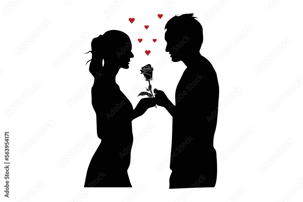 Happy Valentines Day illustration. Silhouettes of couples with flowers. A boy giving a rose flower to a girl. Vector illustration. Set of romantic love.