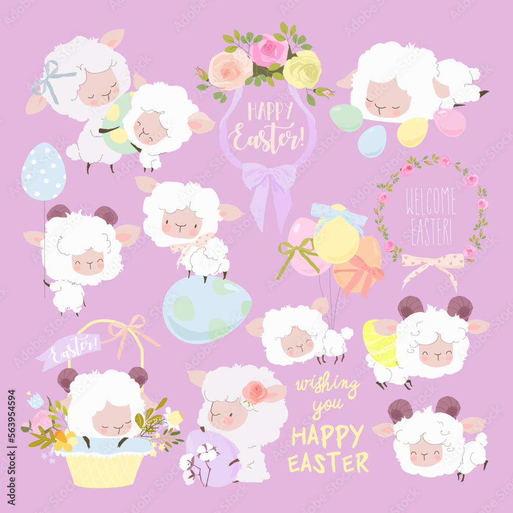 Easter Set with Cute White Sheeps and Easter Eggs Easter Set with Cute White Sheeps and Easter Eggs