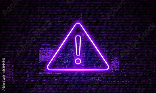 Attention Danger Hacking. Neon Symbol on Purple Big City Background. Security protection, Malware, Hack Attack, Data Breach Concept. System hacked error, Attacker alert sign computer virus. Ransomware