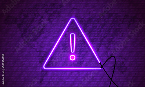 Attention Danger Hacking. Neon Symbol on Map Purple Background. Security protection Malware Hack Attack Data Breach Concept. System hacked error, Attacker alert sign computer virus. Ransomware. Vector