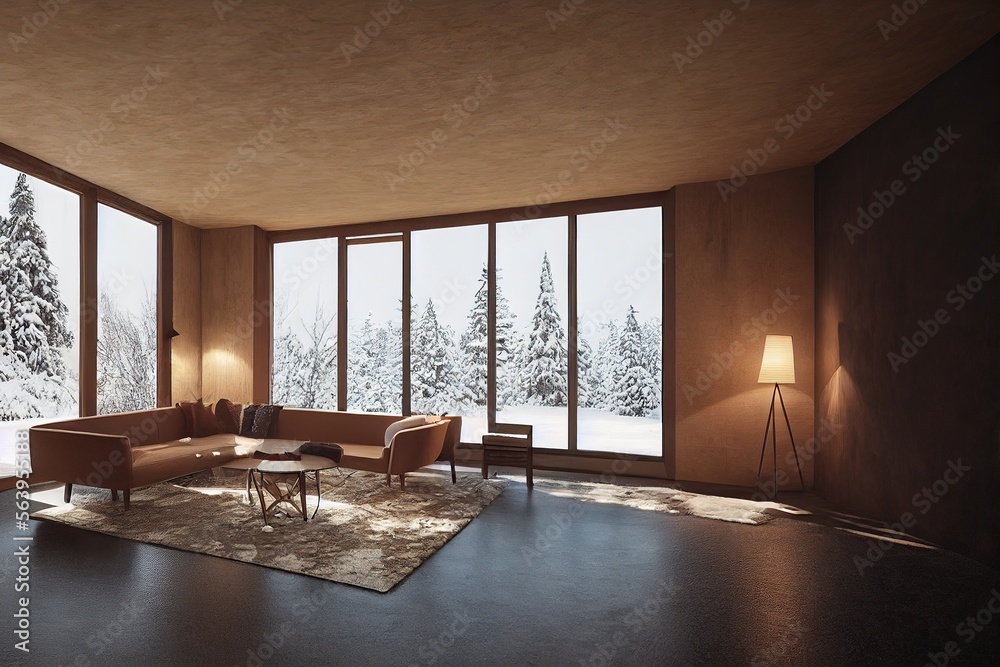 Beautiful cozy mid century modern interior living room space with large windows winter views at dawn with minimal staged furniture Made with Generative Ai