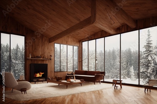 Luxurious cozy mid century modern loft interior living room cabin with floor to ceiling windows winter views fireplace hardwood floors and minimal staged furniture Made with Generative Ai photo