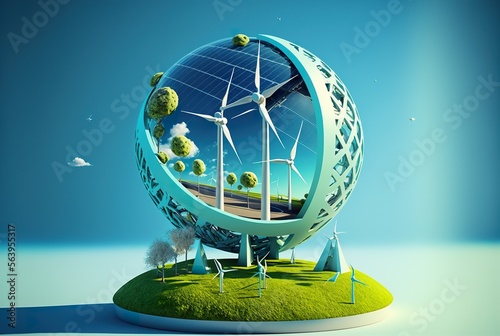 Gr  ne Energie Infrastruktur Illustration - Windr  der und Solaranlagen als Weltkugel - KI generiert