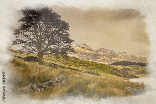 Llyn y Dywarchen, and Snowdon digital watercolor photo