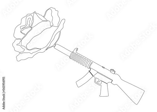 One continuous line of a Machine Gun with Rose. Thin Line Illustration vector concept. Contour Drawing Creative ideas.