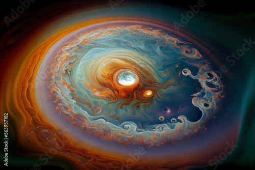 Mystical Jupiter surface formation. Wavy swirling structure with psychedelic colours.  Digitally generated AI image.