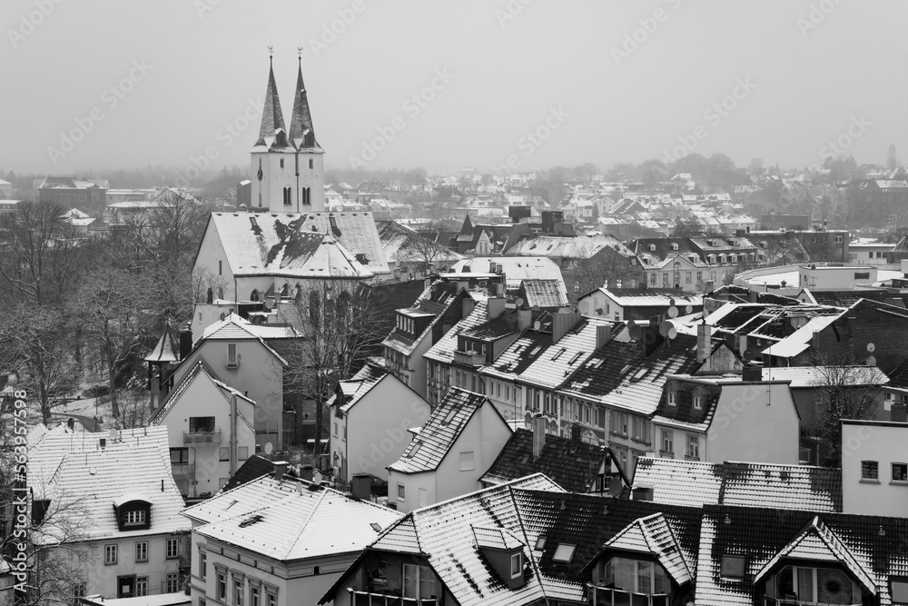 Winter Panorama of the old town of Iserlohn Sauerland Germany with the church towers of 