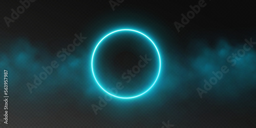 Blue neon circle frame with smoke cloud, glowing gradient ring with colorful fog. Illuminated realistic night scene. Futuristic portal concept. Vector illustration.