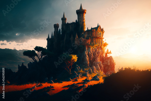 a castle on top of a hillside next to trees, sunset sun, hyper realistic, super detailed