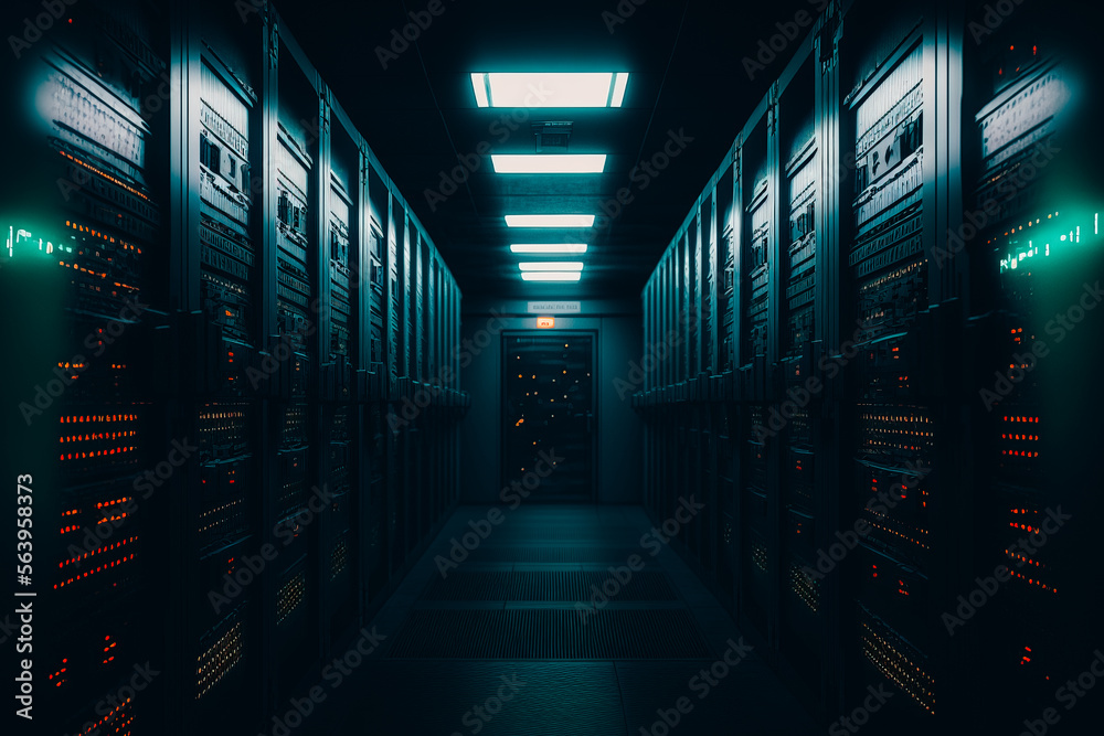 A large server room, with aisles of racks containing the servers, taking up a vast space A large server room, with aisles of racks containing the servers, taking up a vast space