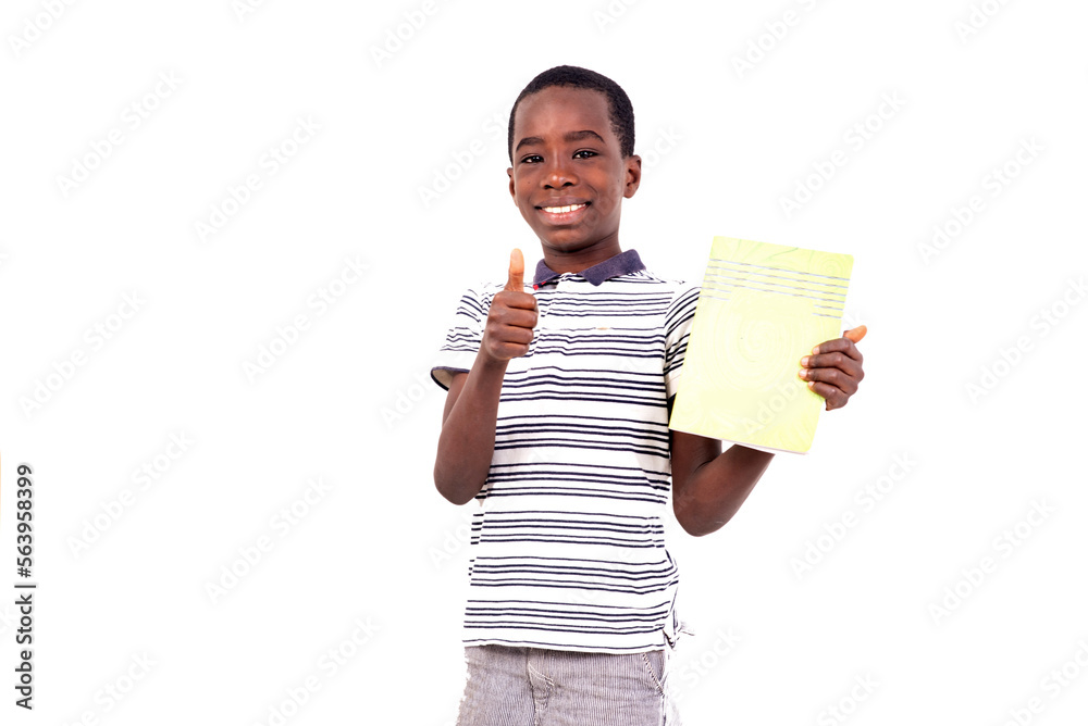 portrait of young boy holding notebook waving approval, smiling. portrait of young boy holding notebook waving approval, smiling.