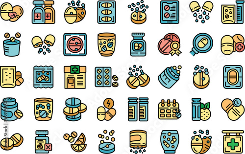 Effervescent tablets icons set outline vector. Water pill. Cup drug color line flat isolated on white