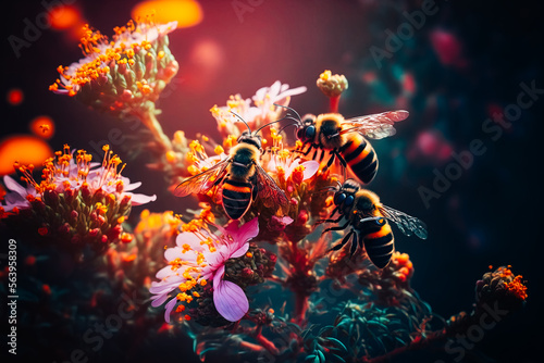 A group of bees busy collecting nectar from colorful summer flowers