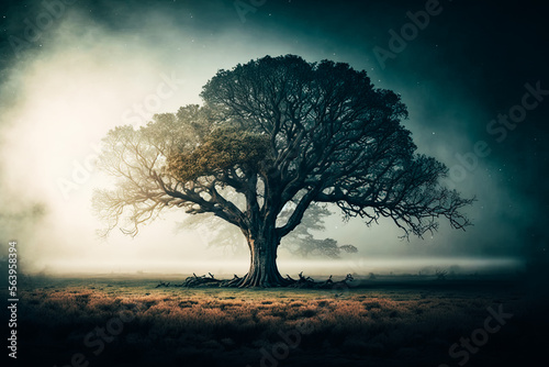 A majestic tree standing alone in a misty field, its branches reaching towards the sky
