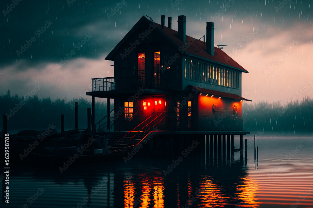 Fototapeta premium an empty jetthouse over a body of water with a boat nearby