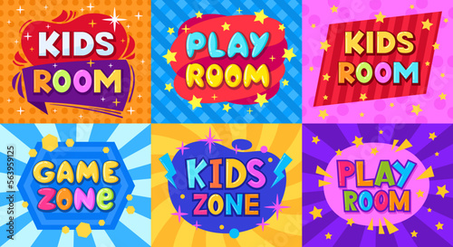 Cartoon kids playroom stickers. Children game zone, kids entertainment party club and game room posters flat vector illustration set