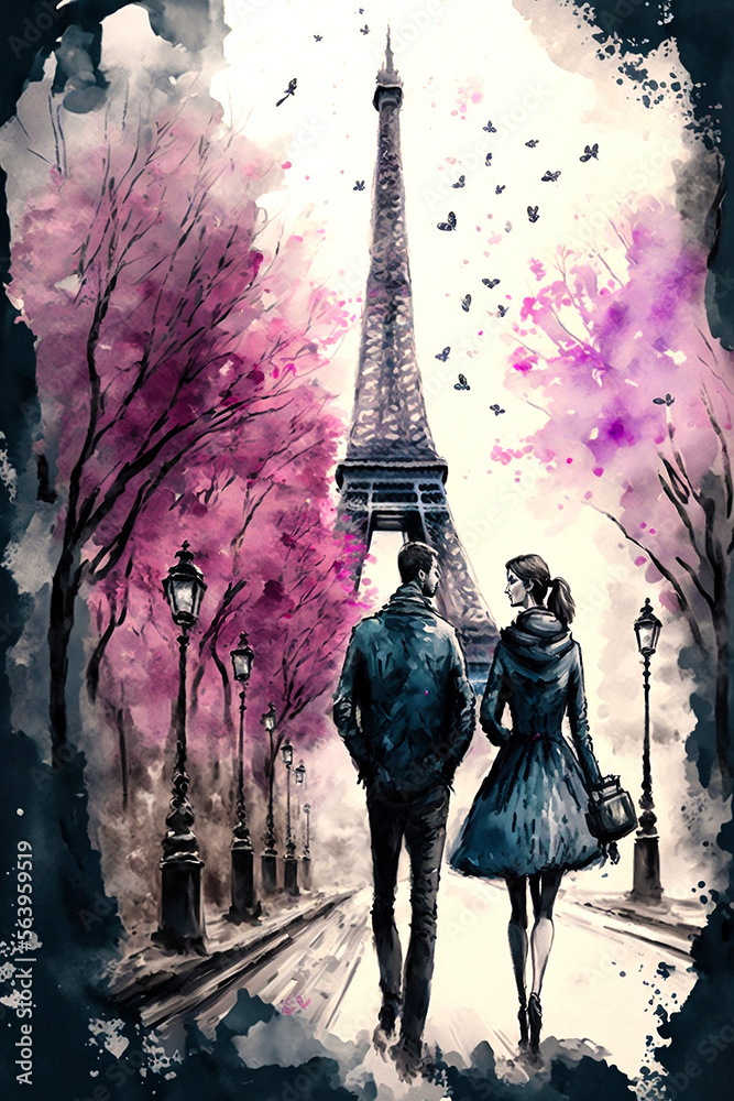 Couple d'amoureux à Paris pour une lune de miel ou la Saint Valentin - style peinture - illustration ia