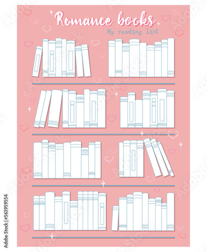Romance Printable To Read List and hearts around, Book Tracker, Bullet Journal Planner Insert, Printable Reading List, Book List Printable pink, white and blue vector illustration on the pink backgrou