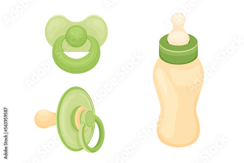 Illustration of baby pacifiers and bottles, baby items. Cute baby shower clipart or print for invitations, greeting cards, posters, etc