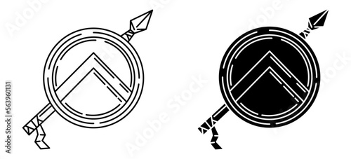 Spear and shield, spartan weapon outline and glyph icon