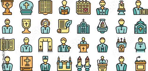 Chaplain icons set outline vector. Muslim ramadan. Namaz pray color line flat isolated on white