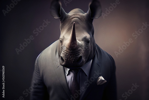 Portrait of a rhino in elegant business suit outfit. Serious boss concept. Digitally generated AI image.