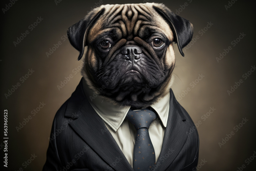Portrait of a pug dog dressed in an elegant business suit, generative ai