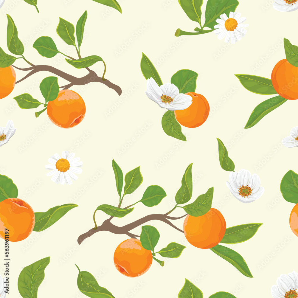 Seamless pattern with tangerine twigs and white flowers Seamless pattern with tangerine twigs and white flowers