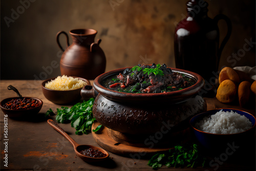 feijoada traditional brazilian food, with typical side dishes