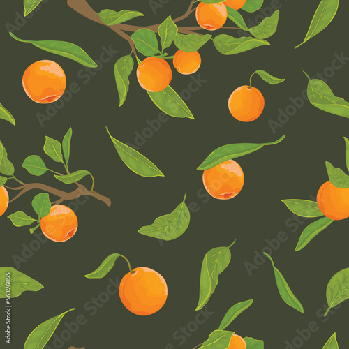 Seamless pattern with tangerines and green leaves