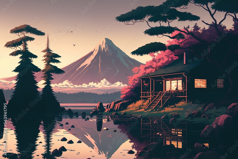 Lofi japanese landscape illustration. High Quality. Generative AI