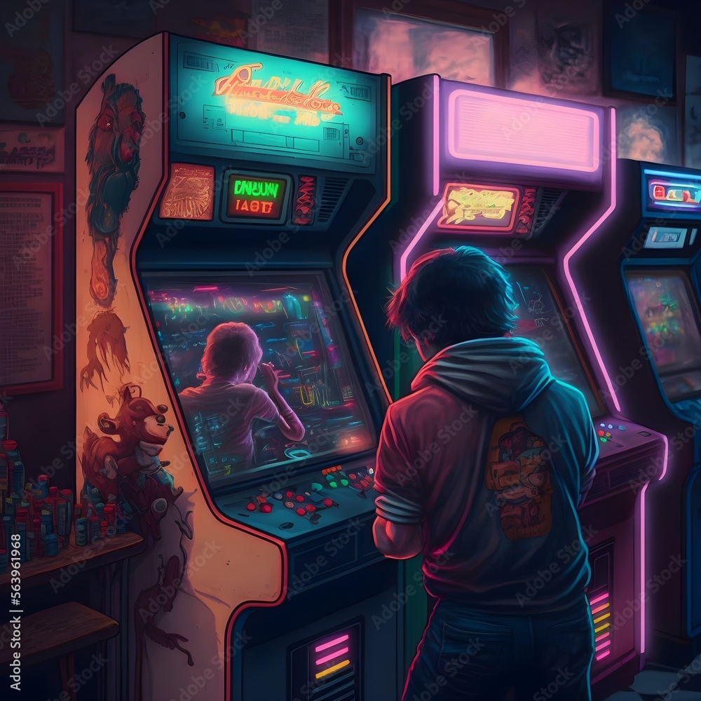 Old Vintage Arcade Video Games in a dark game room with blue light