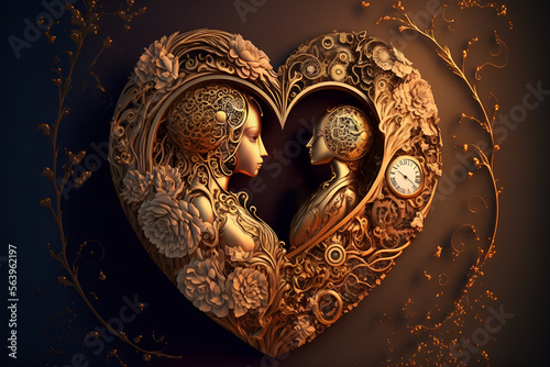 Enduring Love: Conceptual Illustration of Valentine's Day representation of two overlapping hearts, made of gears, clockwork, floral pattern. symbolizing the passage of time and beauty of love