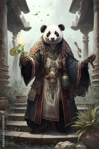 a Panda serving in the role of a Healer in a Fantasy Massively Multiplayer Online Role-Playing Game Fantasy, generative ai, Healer, Mythic, Mystical